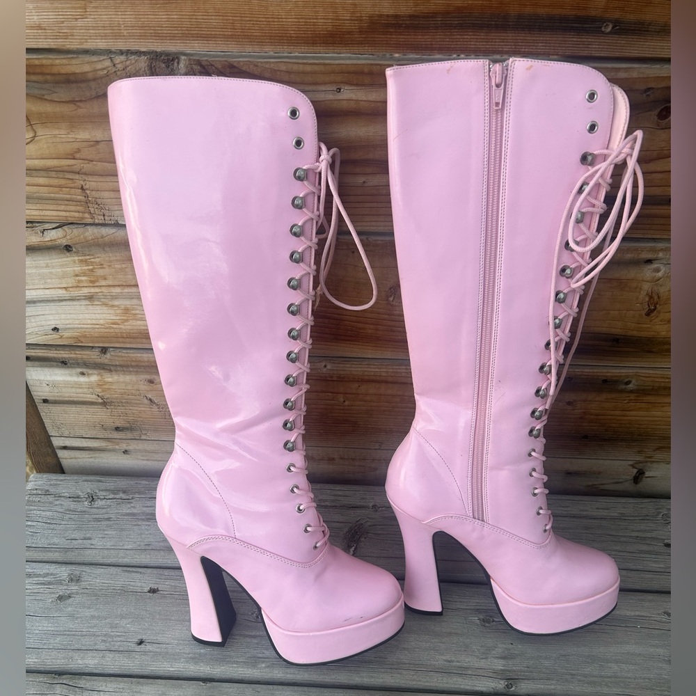 Pink Lace-Up Patent Knee-High Boots